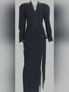 Daymour Couture Vintage V-neckline Dress One Piece Maxi Beaded Detal Size 8